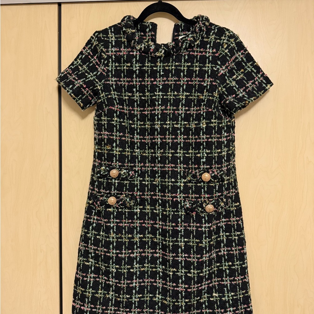 Tuckernuck Black Tweed Mini Dress with Pink and Green Windowpane